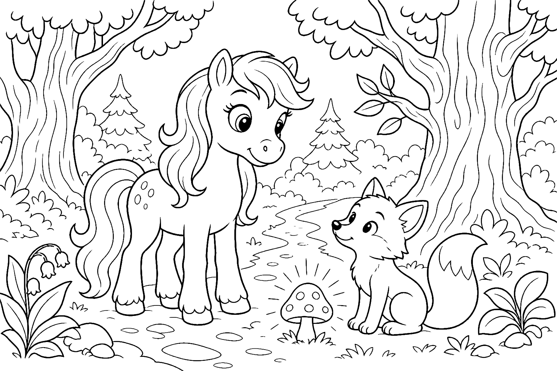 Pony im Zauberwald - Ausmalbild ab 6 Jahren