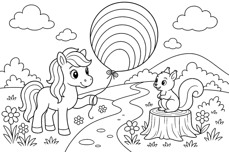Pony und der Regenbogenballon - Ausmalbild ab 6 Jahren