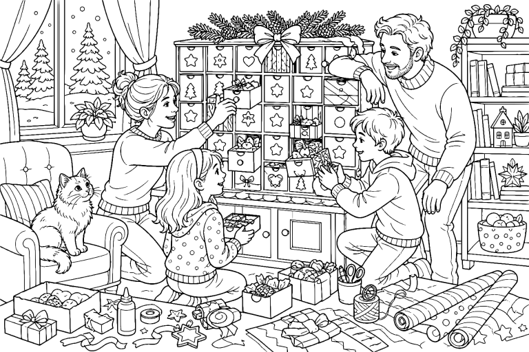 Adventskalender gemeinsam öffnen - Ausmalbild ab 8 Jahren