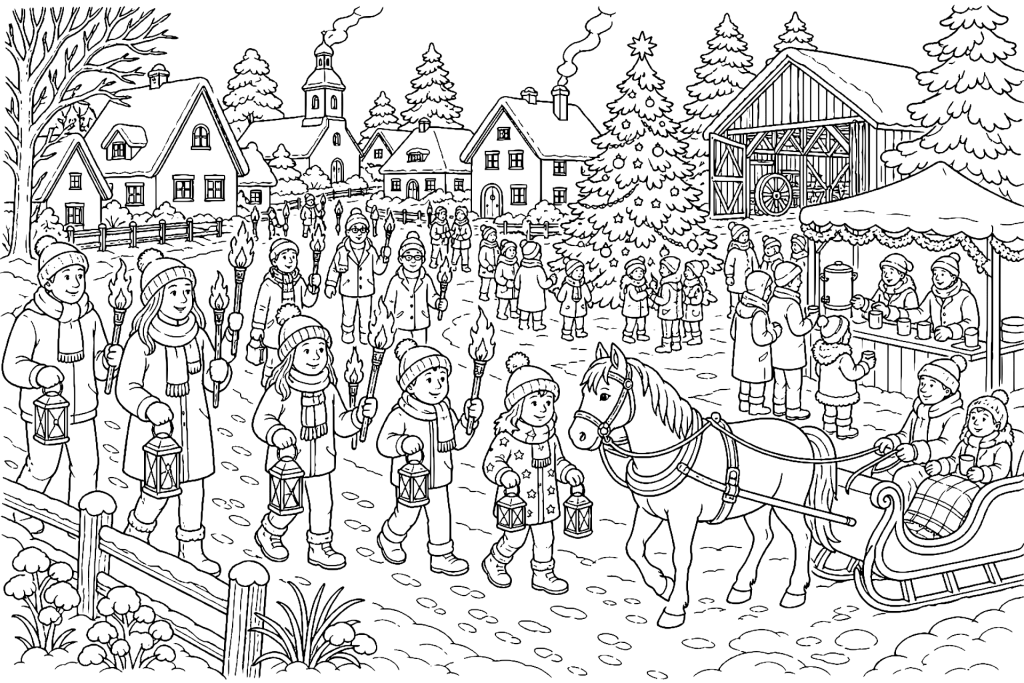 Dorfweihnacht mit Fackelwanderung - Ausmalbild ab 8 Jahren