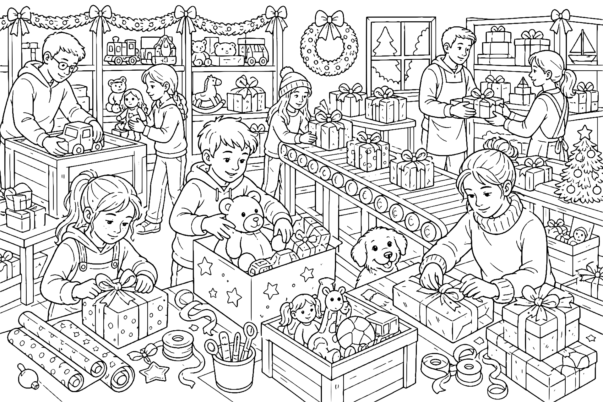 Geschenke sortieren in der Weihnachtswerkstatt - Ausmalbild ab 8 Jahren
