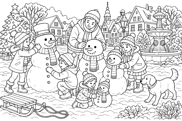 Schneemannfamilie vor dem Dorfplatz - Ausmalbild ab 8 Jahren