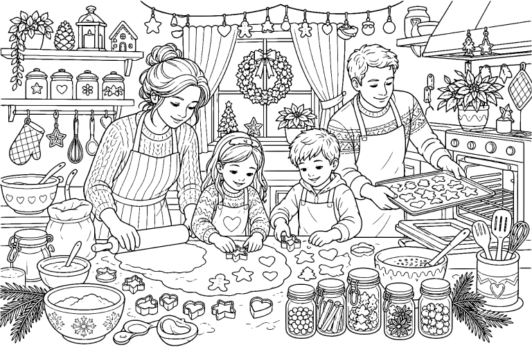Weihnachtsbäckerei mit Plätzchenkunst - Ausmalbild ab 8 Jahren