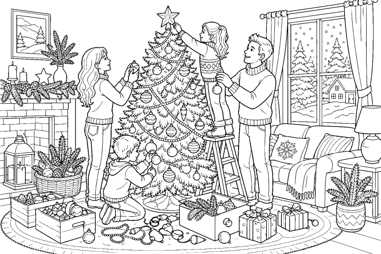 Weihnachtsbaum schmücken im Wohnzimmer - Ausmalbild ab 8 Jahren