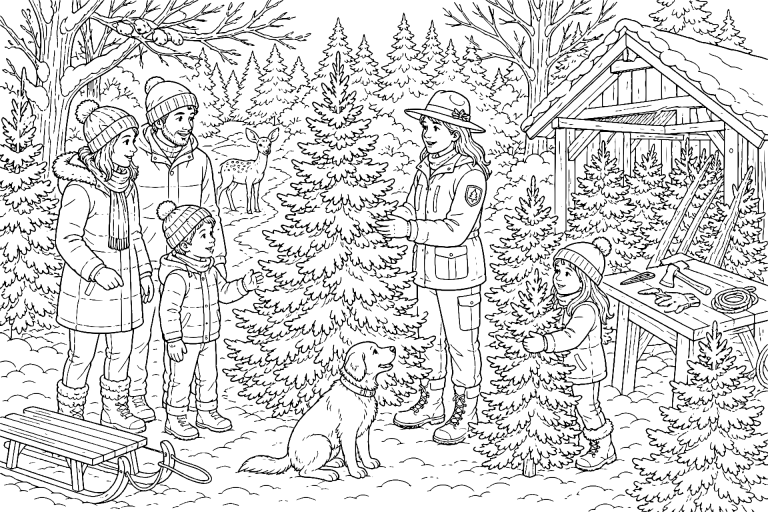 Weihnachtsbaumverkauf am Waldrand - Ausmalbild ab 8 Jahren