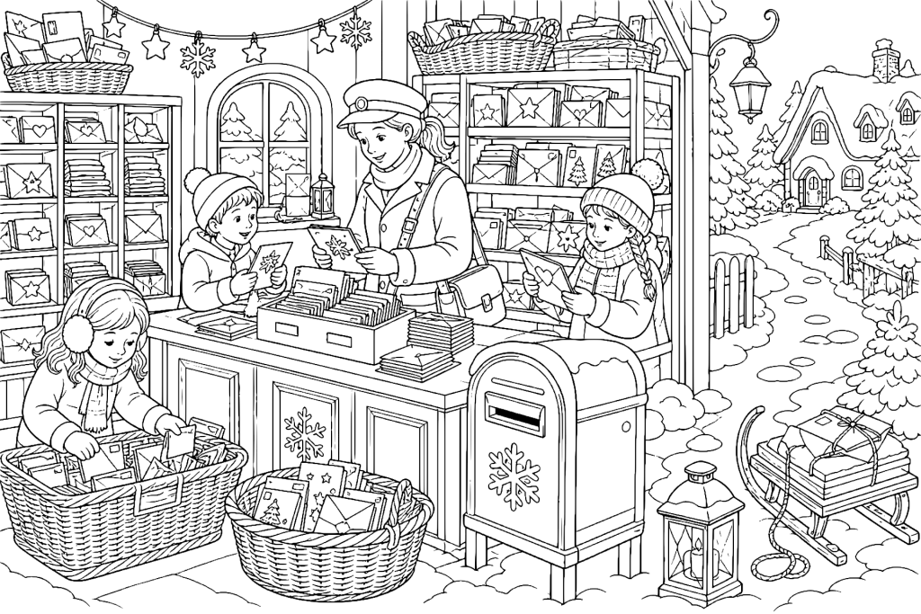 Weihnachtskarten im Schneepostamt - Ausmalbild ab 8 Jahren