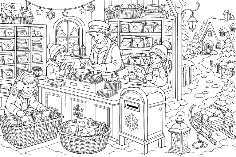 Weihnachtskarten im Schneepostamt - Ausmalbild ab 8 Jahren