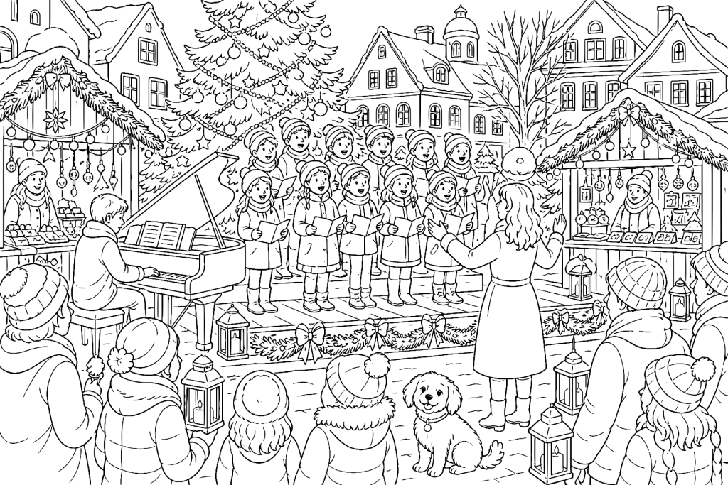 Weihnachtskonzert auf dem Marktplatz - Ausmalbild ab 8 Jahren