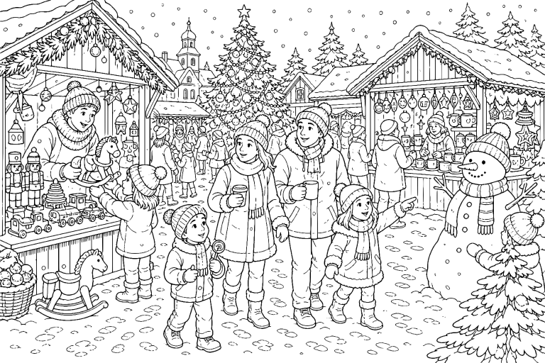 Weihnachtsmarkt im Schneegestöber - Ausmalbild ab 8 Jahren
