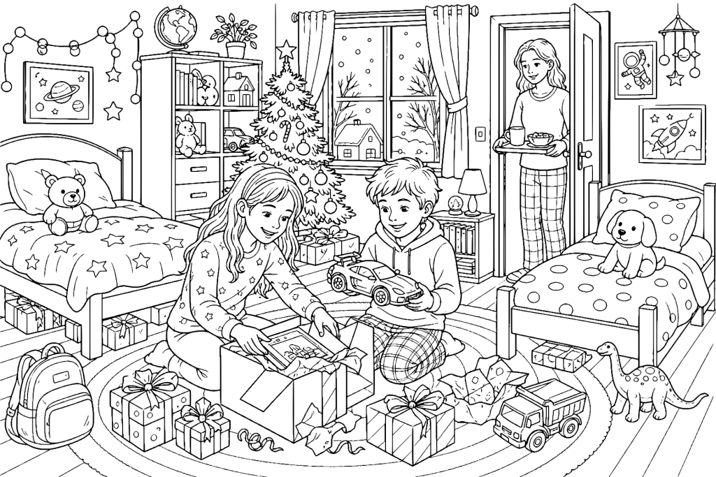 Weihnachtsmorgen im Kinderzimmer - Ausmalbild ab 8 Jahren