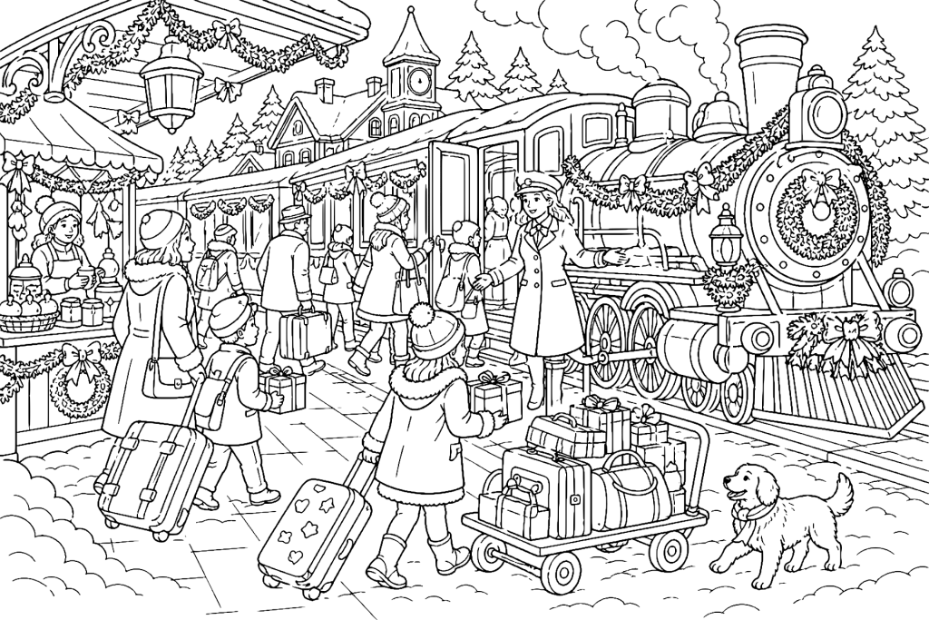 Weihnachtszug im verschneiten Bahnhof - Ausmalbild ab 8 Jahren