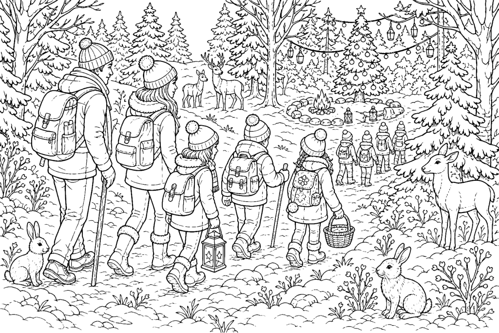 Winterwanderung zur Waldweihnacht - Ausmalbild ab 8 Jahren