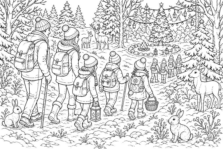 Winterwanderung zur Waldweihnacht - Ausmalbild ab 8 Jahren
