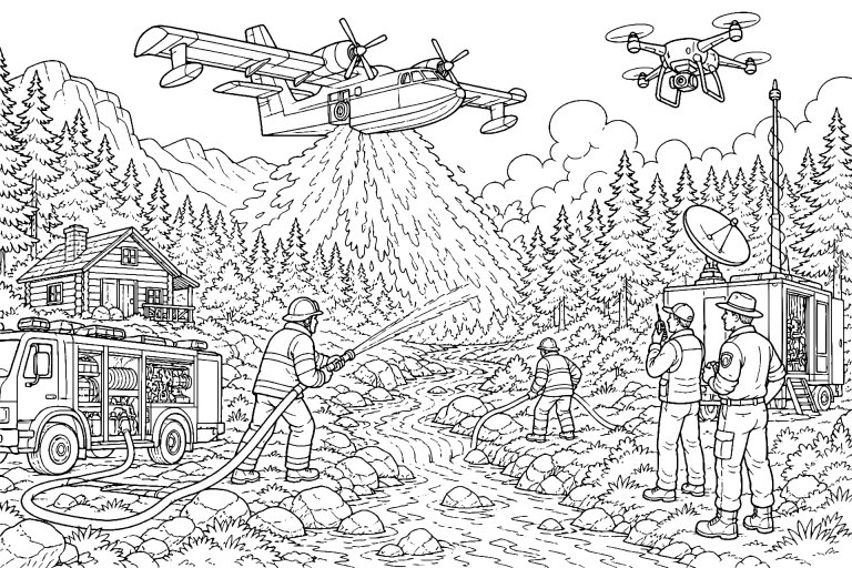 Drohnenflug über dem Waldbrandgebiet - Ausmalbild ab 8 Jahren