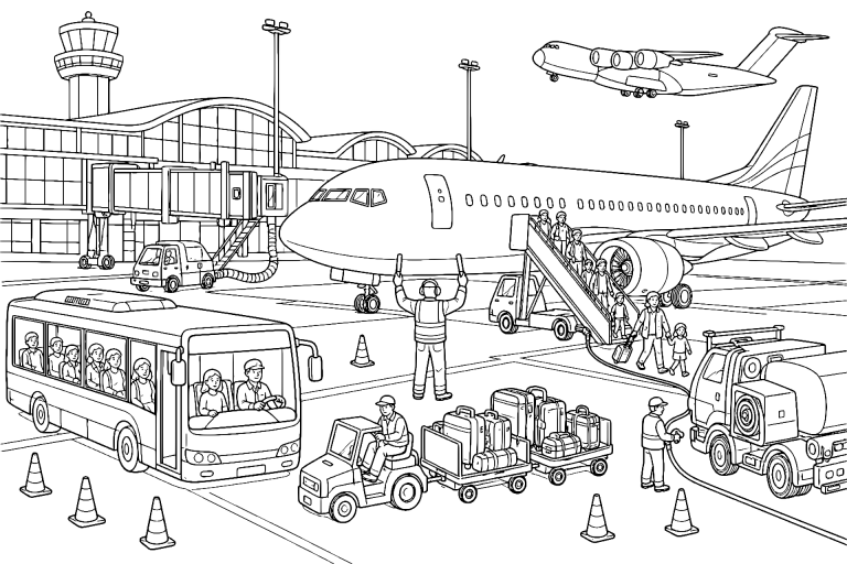 Flughafenbus begleitet das Flugzeug - Ausmalbild ab 8 Jahren