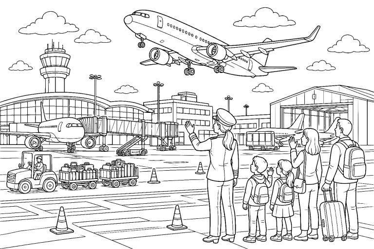 Flugzeug hebt vom Flughafen ab - Ausmalbild ab 8 Jahren