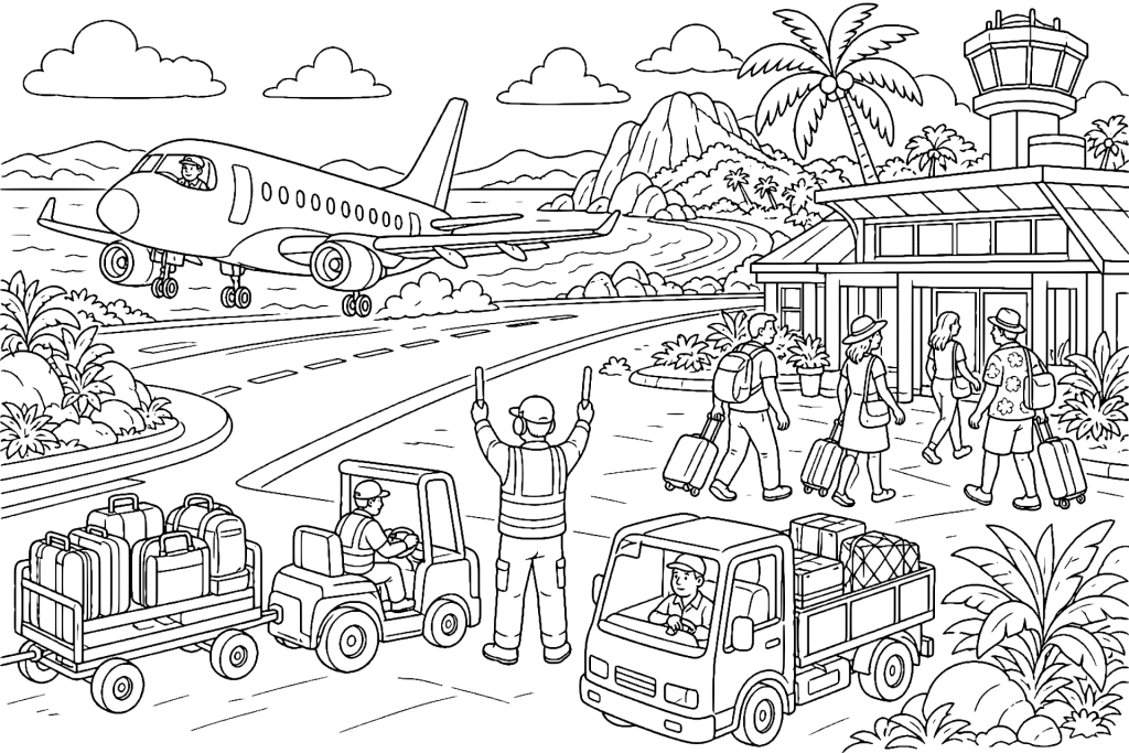 Flugzeug landet auf der Inselpiste - Ausmalbild ab 8 Jahren