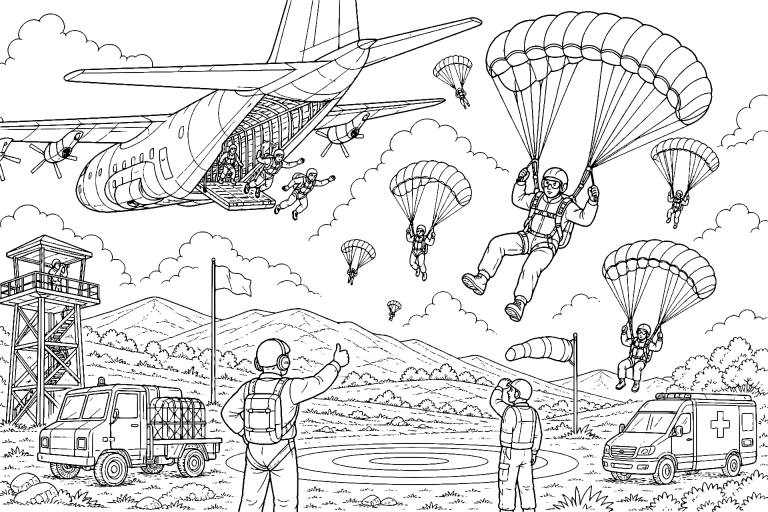 Flugzeug mit Fallschirmjägern im Training - Ausmalbild ab 8 Jahren