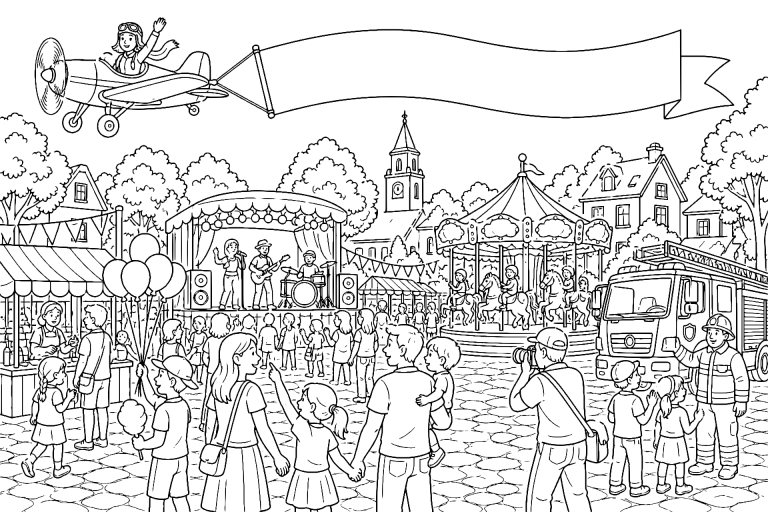 Flugzeug zieht Banner über dem Stadtfest - Ausmalbild ab 8 Jahren