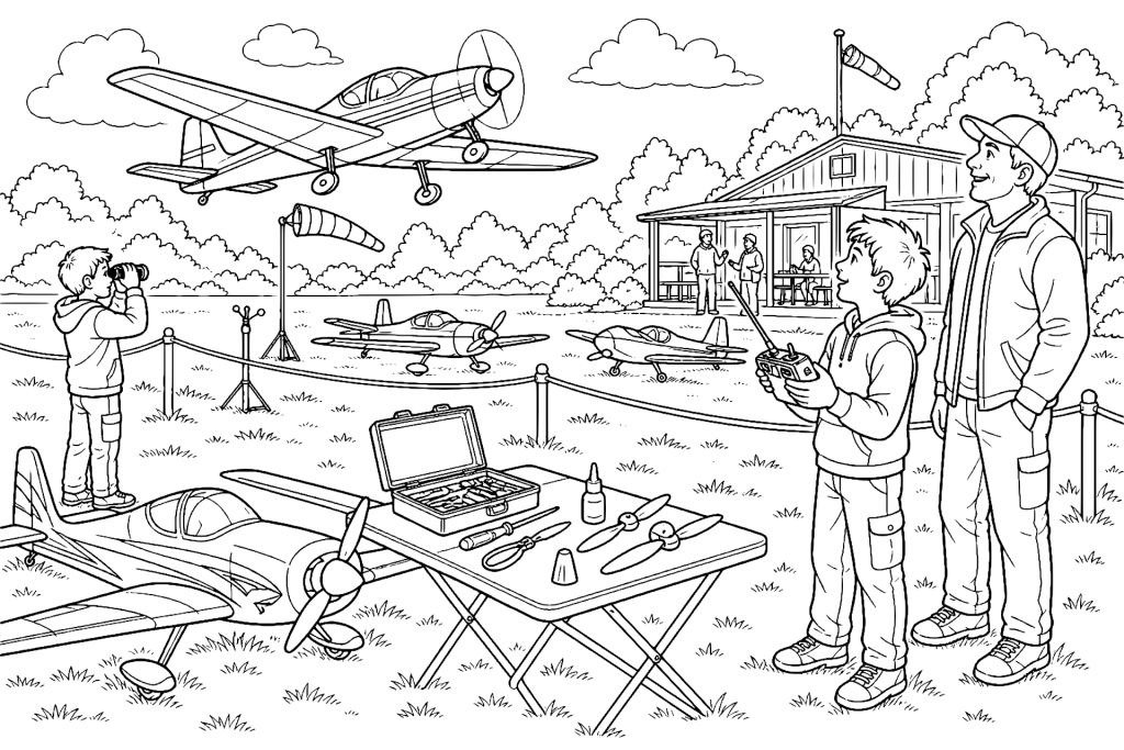 Flugzeugmodellbauer auf dem Vereinsgelände - Ausmalbild ab 8 Jahren