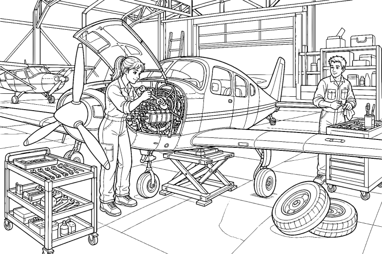 Flugzeugwerkstatt mit geöffneter Motorhaube - Ausmalbild ab 8 Jahren