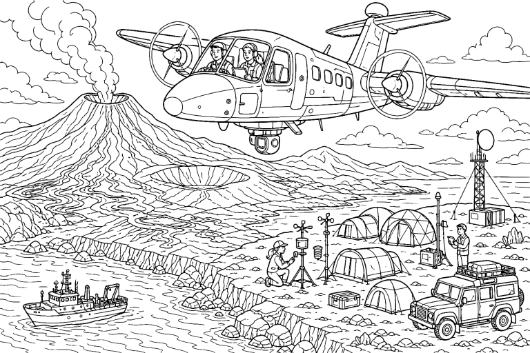 Forschungsflugzeug untersucht Vulkane - Ausmalbild ab 8 Jahren