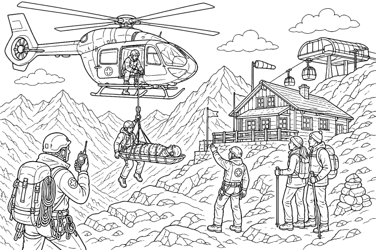 Rettungshubschrauber über der Bergstation - Ausmalbild ab 8 Jahren