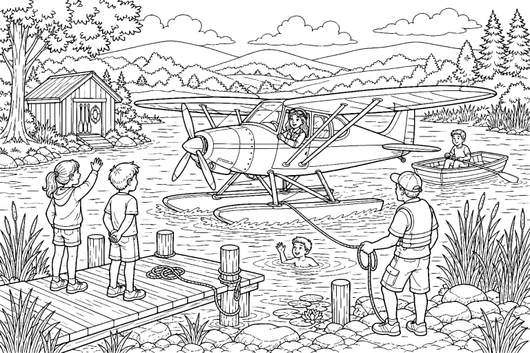 Wasserflugzeug landet auf dem See - Ausmalbild ab 8 Jahren