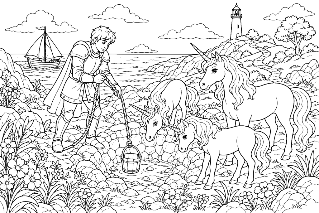 Der Ritter auf der Insel der Einhörner - Ausmalbild ab 8 Jahren