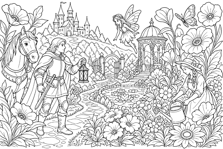 Der Ritter im Garten der Riesenblumen - Ausmalbild ab 8 Jahren