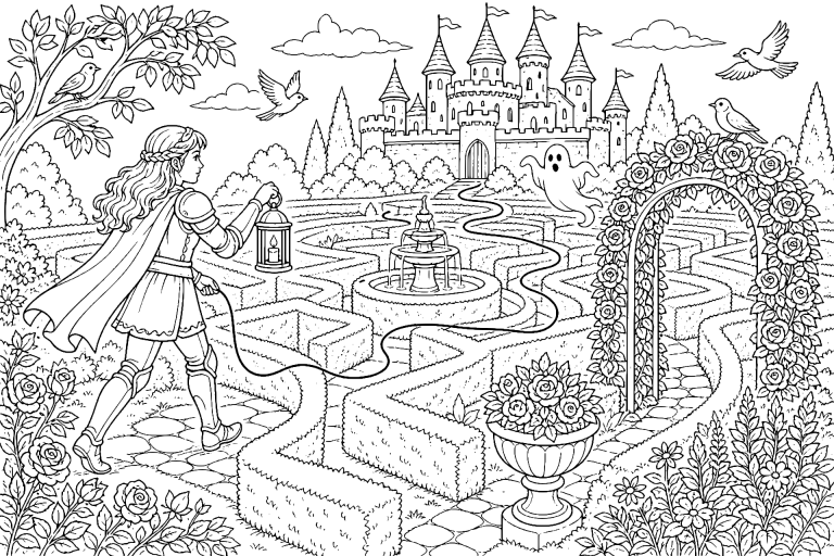 Der Ritter im Labyrinthgarten - Ausmalbild ab 8 Jahren