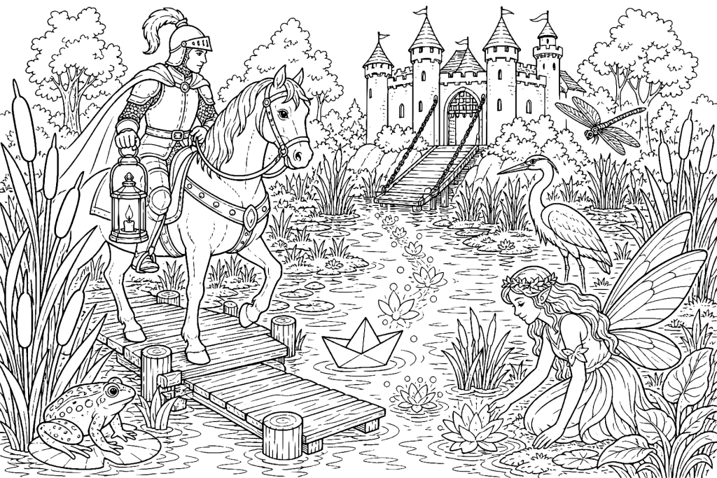 Der Ritter und das Schloss im Nebelmoor - Ausmalbild ab 8 Jahren