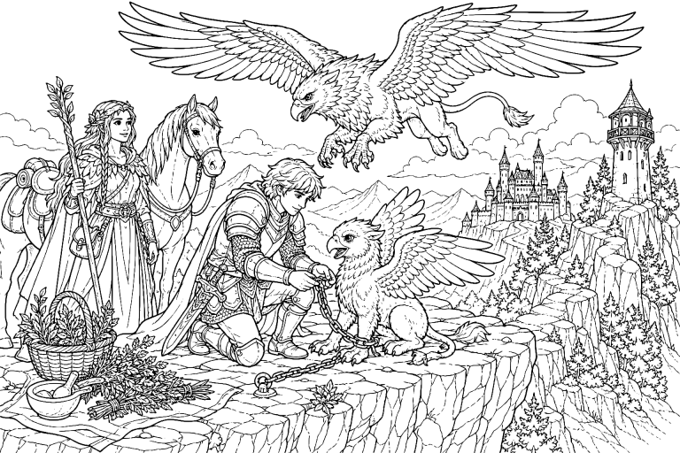 Der Ritter und der goldene Greif - Ausmalbild ab 8 Jahren