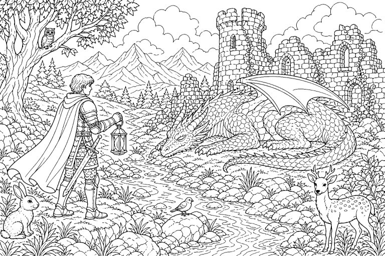 Der Ritter und der schlafende Drache - Ausmalbild ab 8 Jahren