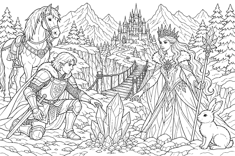 Der Ritter und die Schneekönigin - Ausmalbild ab 8 Jahren