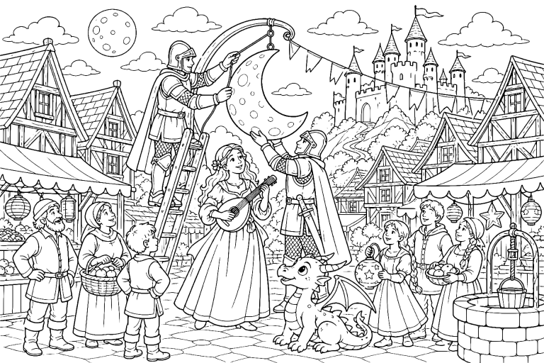 Die Ritter auf dem Mondfest - Ausmalbild ab 8 Jahren