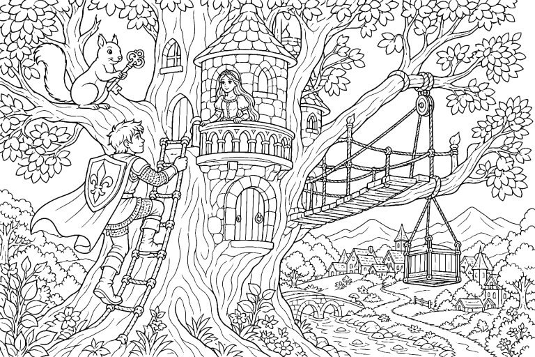 Die Ritterburg im Riesenbaum - Ausmalbild ab 8 Jahren