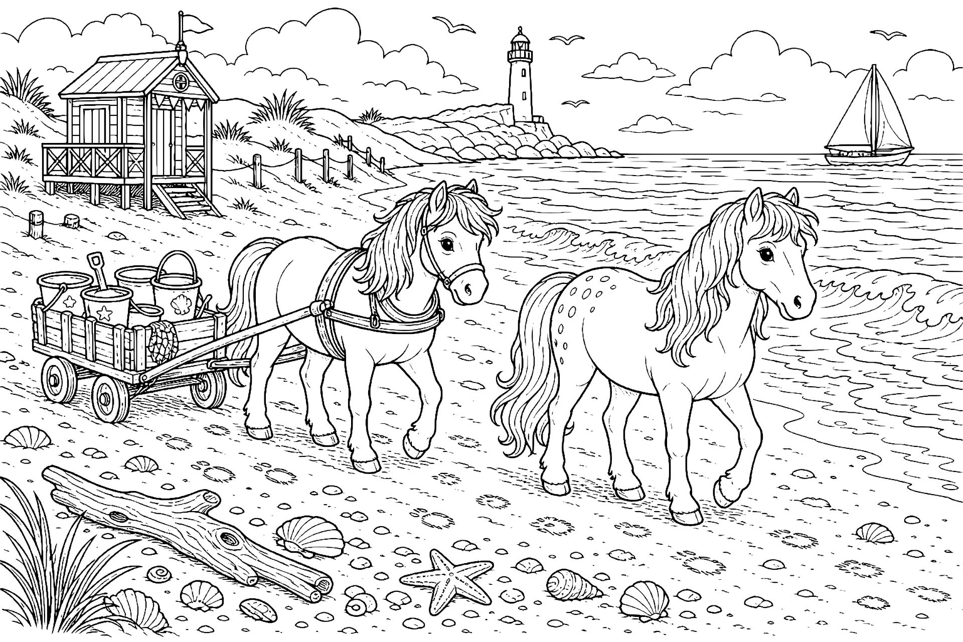 Ponys am Strand - Ausmalbild ab 8 Jahren