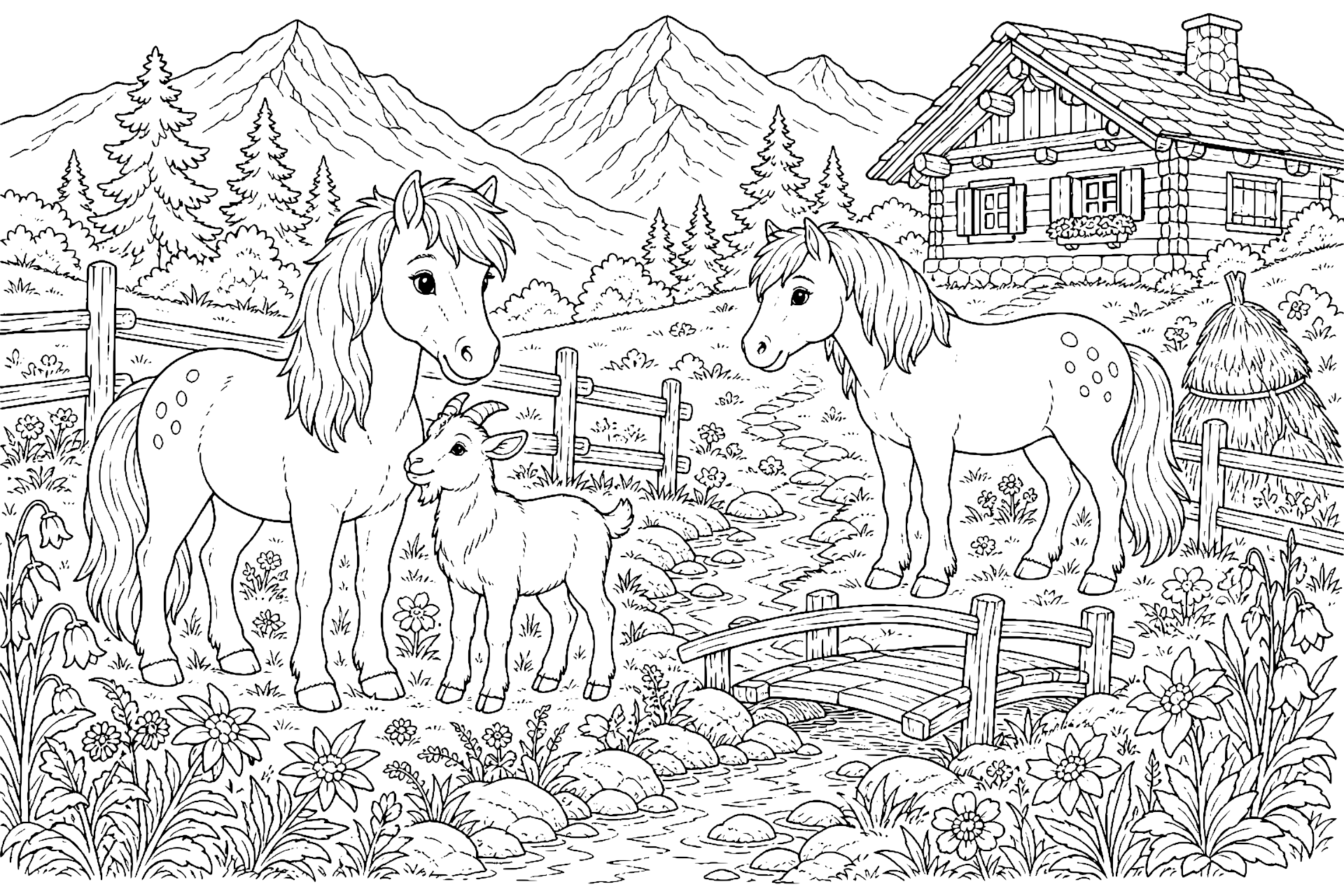 Ponys an der Bergweide - Ausmalbild ab 8 Jahren