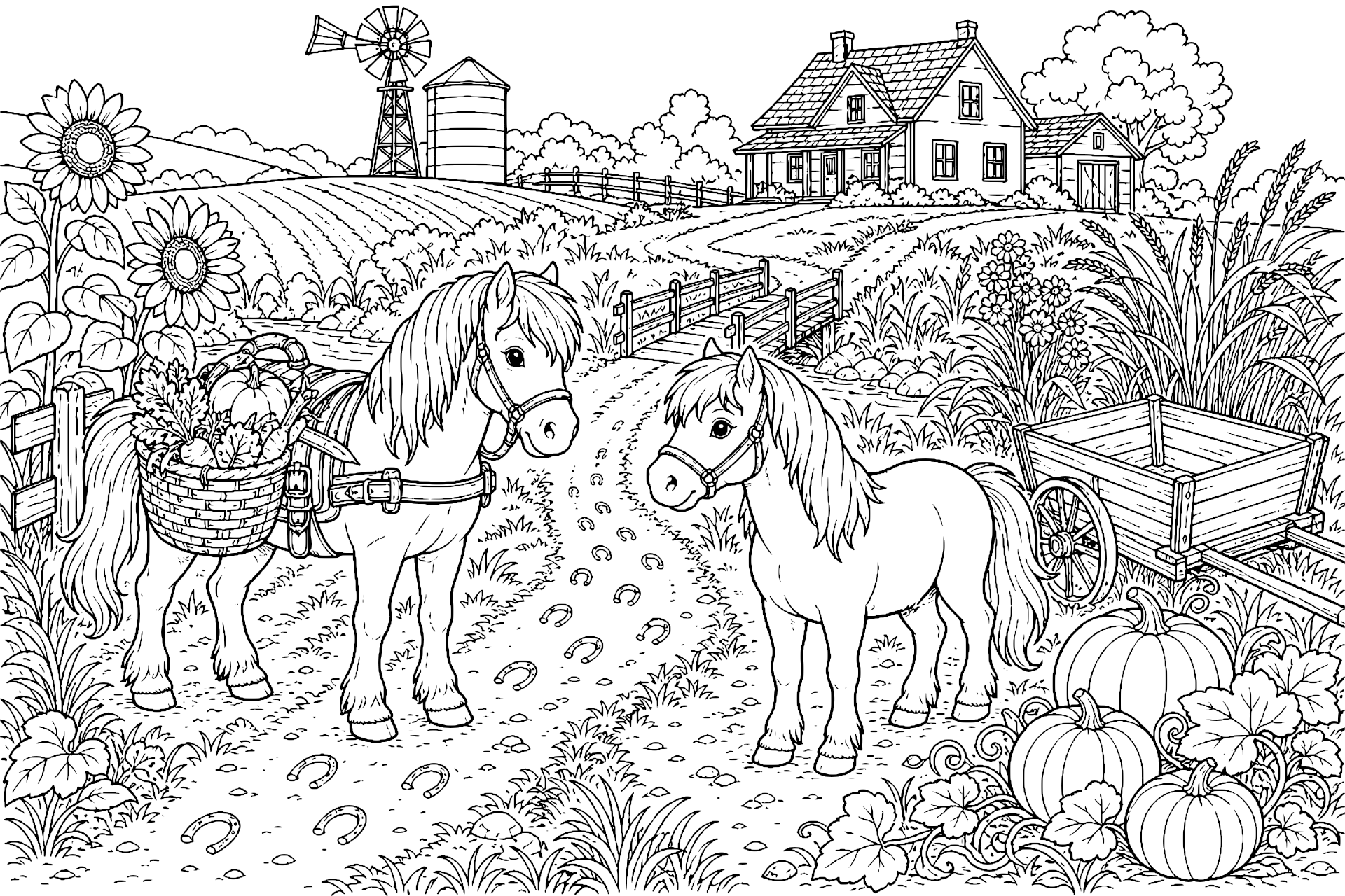 Ponys auf dem Bauernhofweg - Ausmalbild ab 8 Jahren