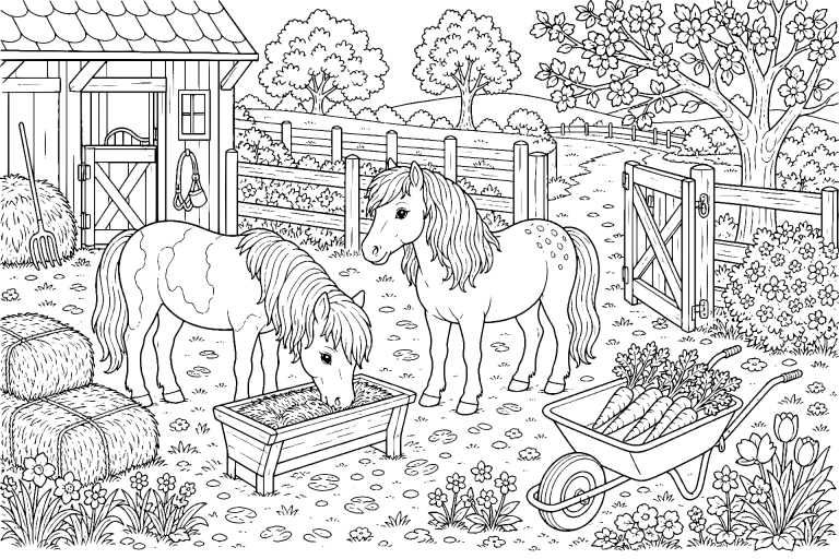 Ponys auf dem Frühlingshof - Ausmalbild ab 8 Jahren