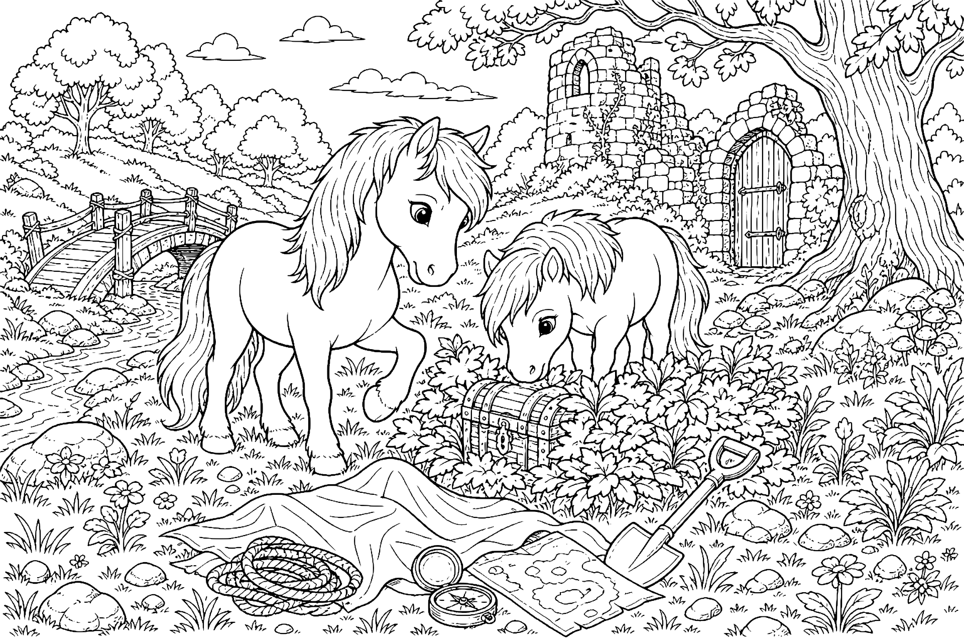 Ponys auf der Schatzsuche - Ausmalbild ab 8 Jahren