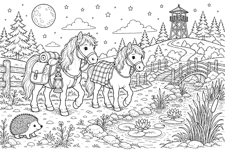 Ponys bei der Nachtwanderung - Ausmalbild ab 8 Jahren