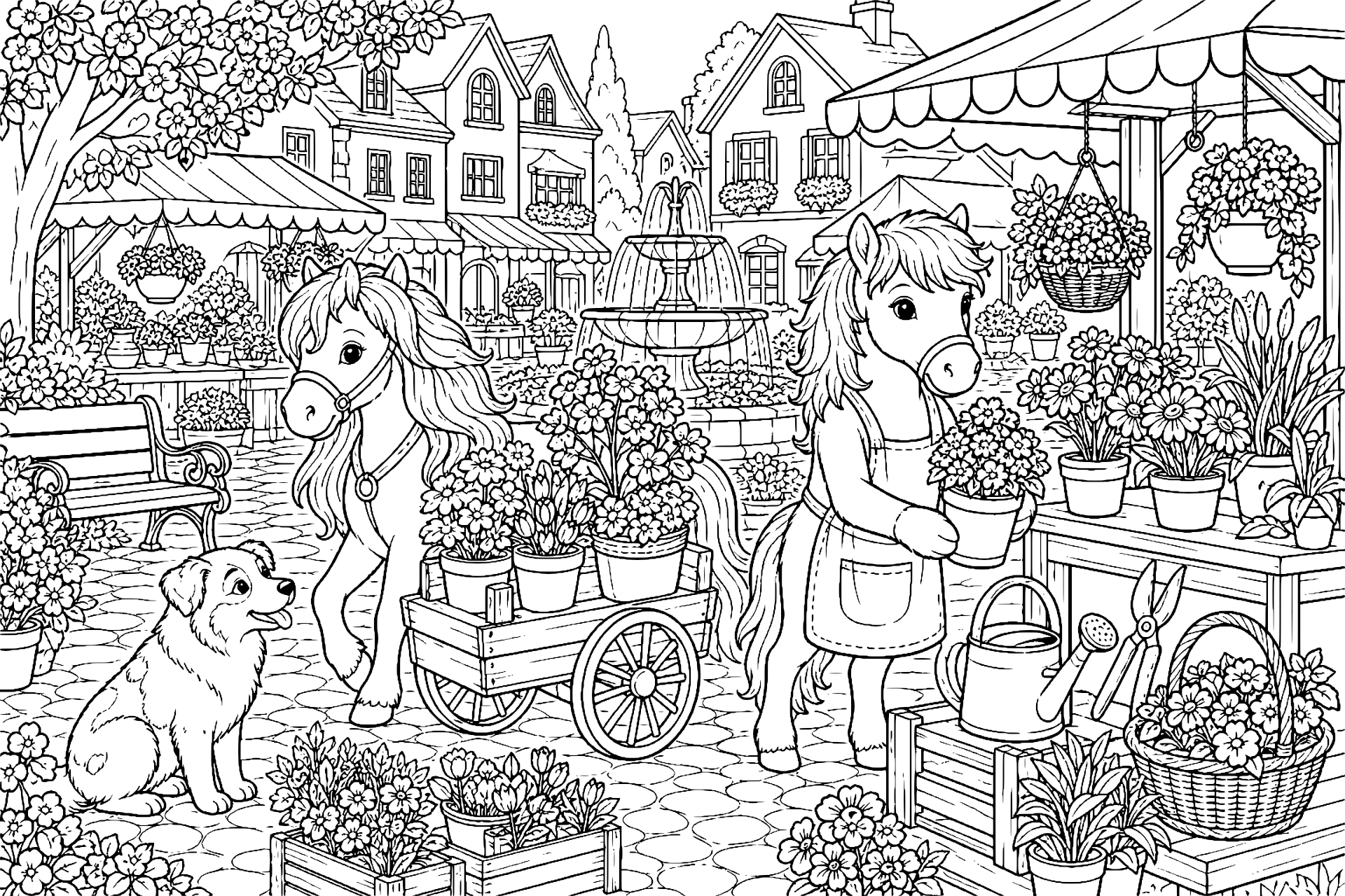 Ponys beim Blumenmarkt - Ausmalbild ab 8 Jahren