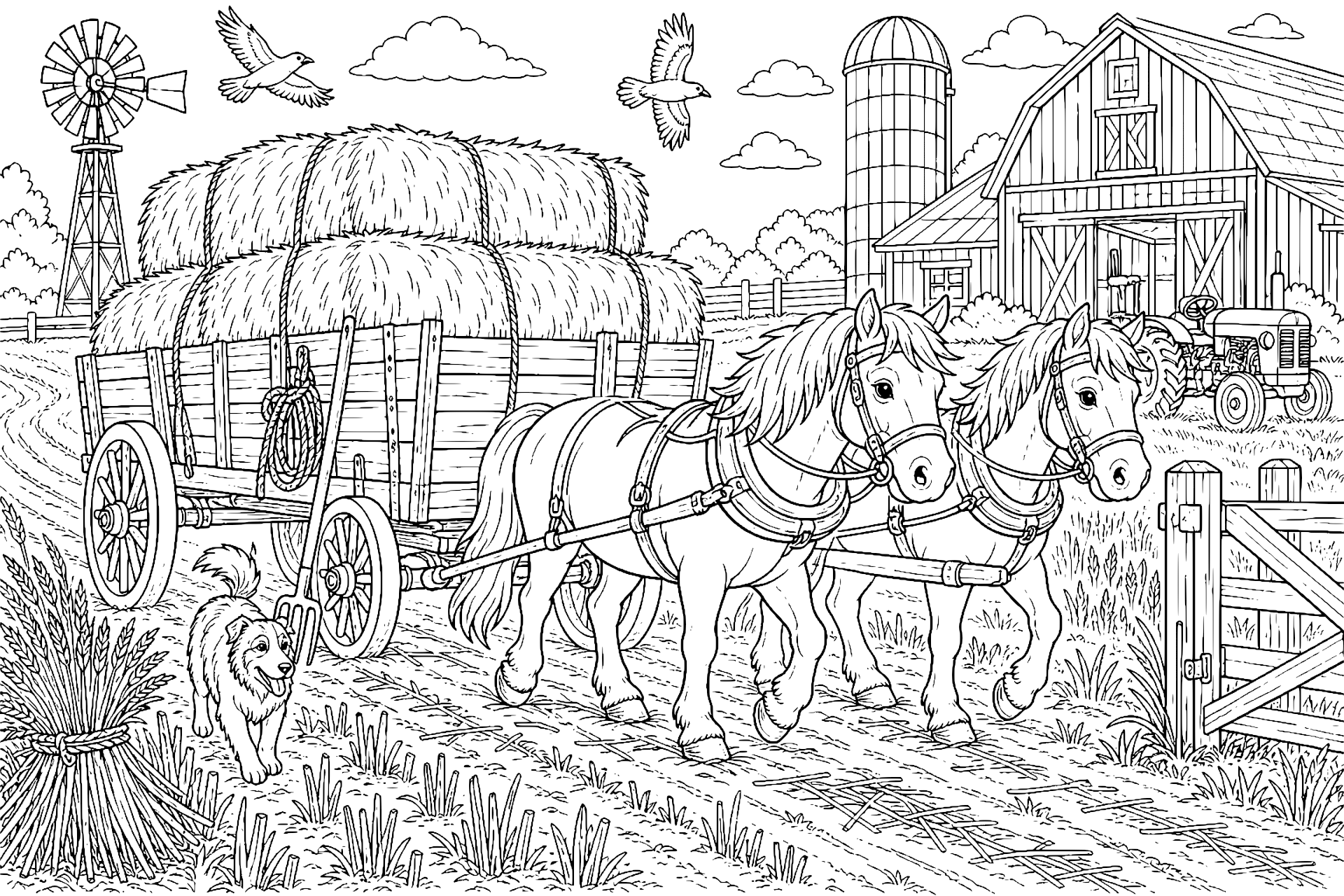 Pferde beim Erntewagen - Ausmalbild ab 8 Jahren