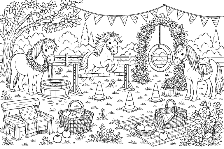 Ponys beim Sommerfest - Ausmalbild ab 8 Jahren