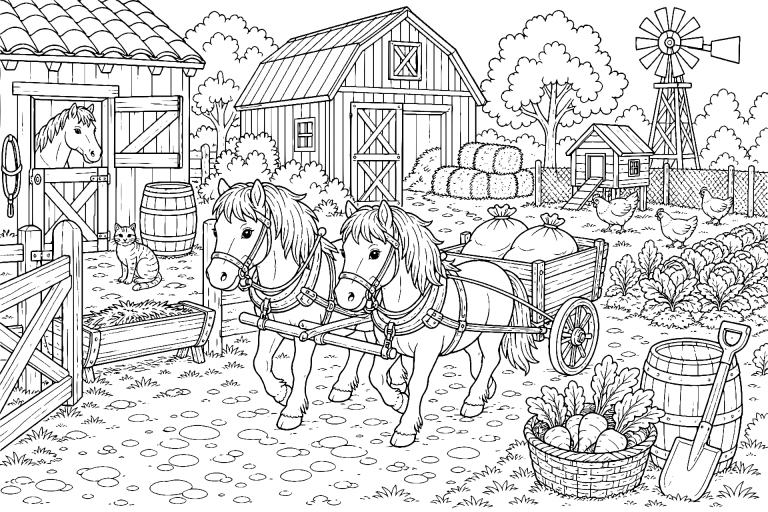 Ponys helfen auf dem Bauernhof - Ausmalbild ab 8 Jahren
