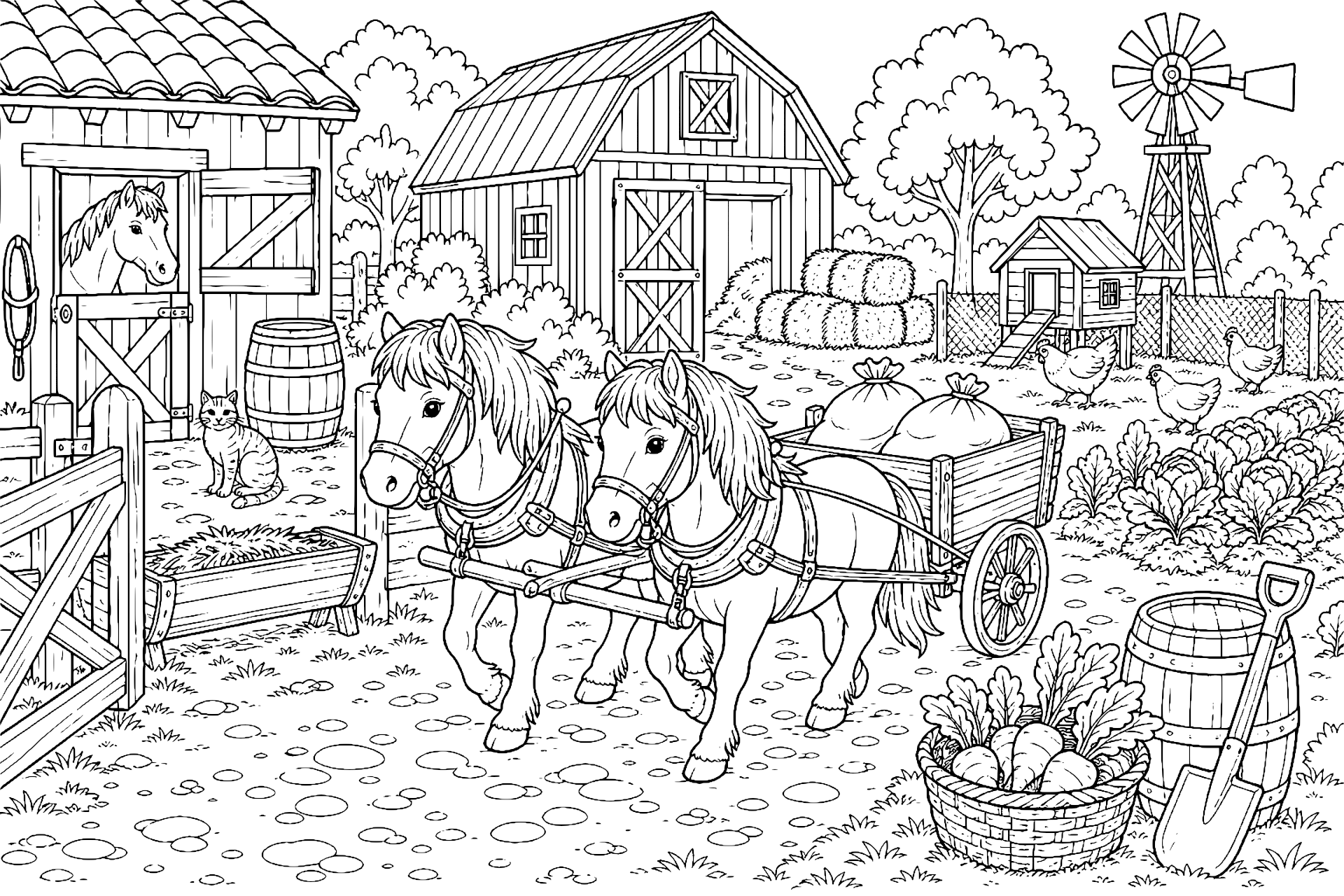 Ponys helfen auf dem Bauernhof - Ausmalbild ab 8 Jahren