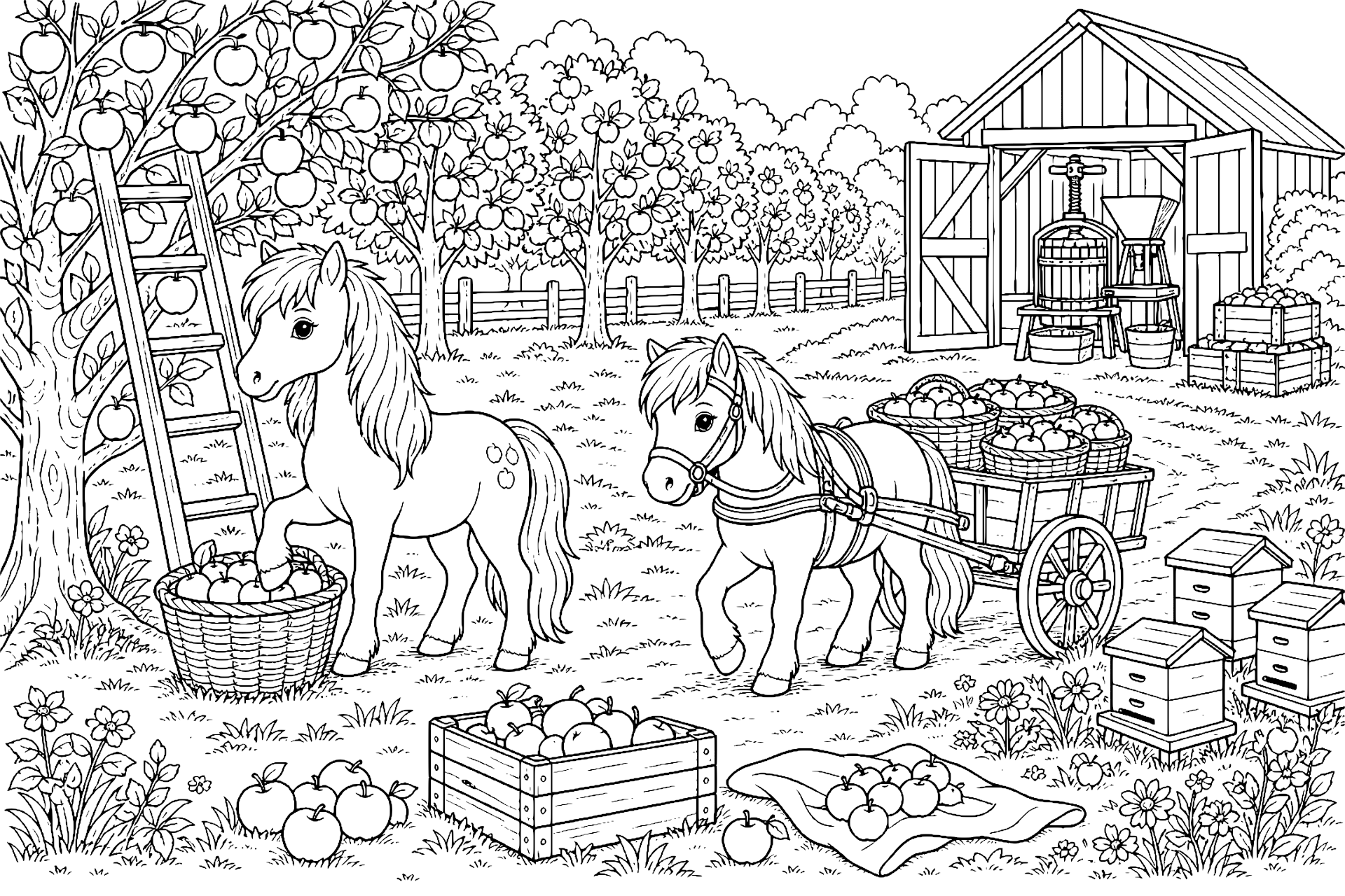 Ponys im Apfelhain - Ausmalbild ab 8 Jahren