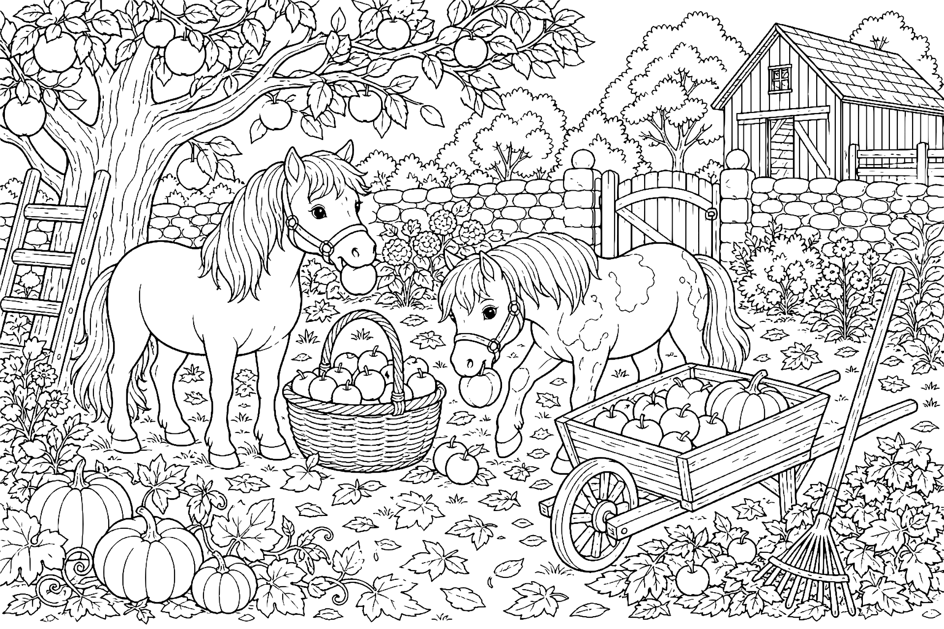 Ponys im Herbstgarten - Ausmalbild ab 8 Jahren